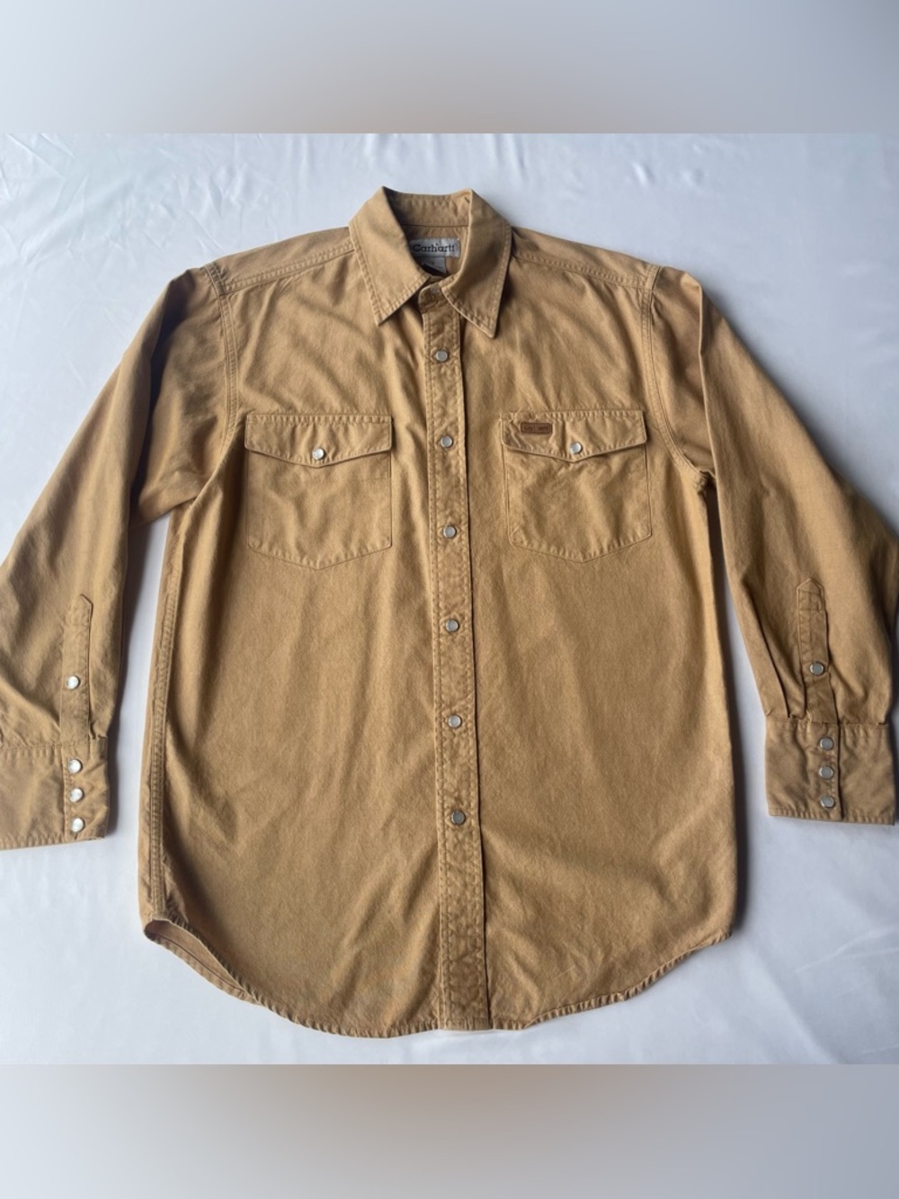 Carhartt Western Pearl Snap Work Shirt Tan Cotton Long Sleeve Mens Small